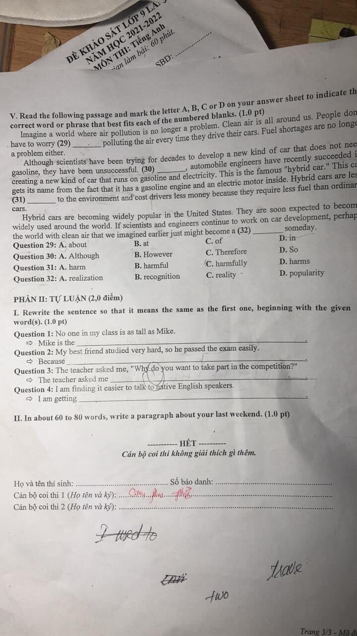 Đề thi tuyển sinh vào lớp 10 môn tiếng Anh Bắc Giang