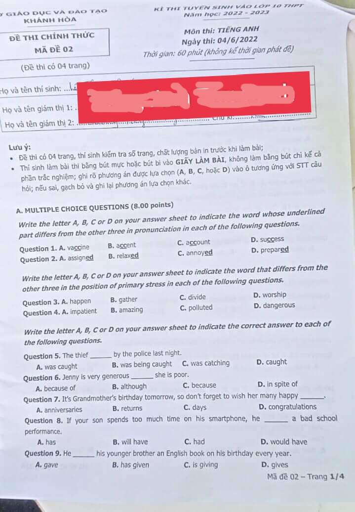 Đề thi tuyển sinh vào lớp 10 môn tiếng Anh Khánh Hòa