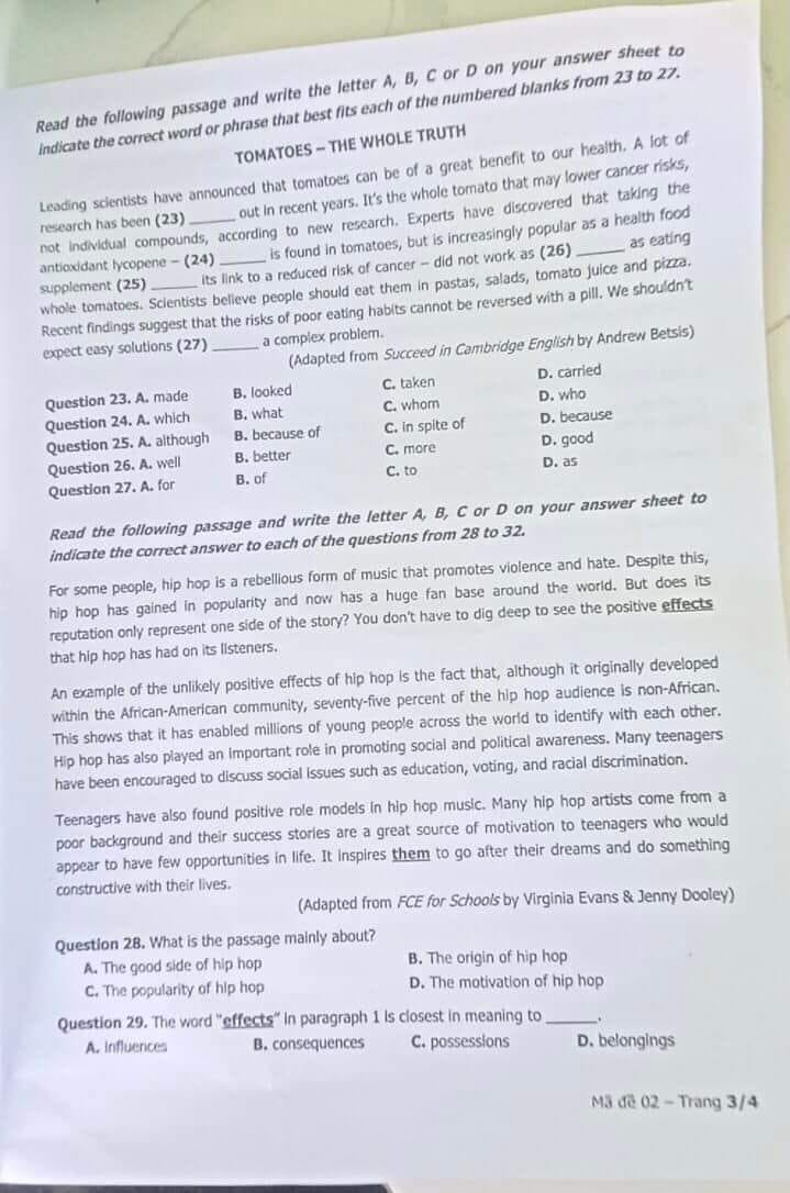 Đề thi tuyển sinh vào lớp 10 môn tiếng Anh Khánh Hòa