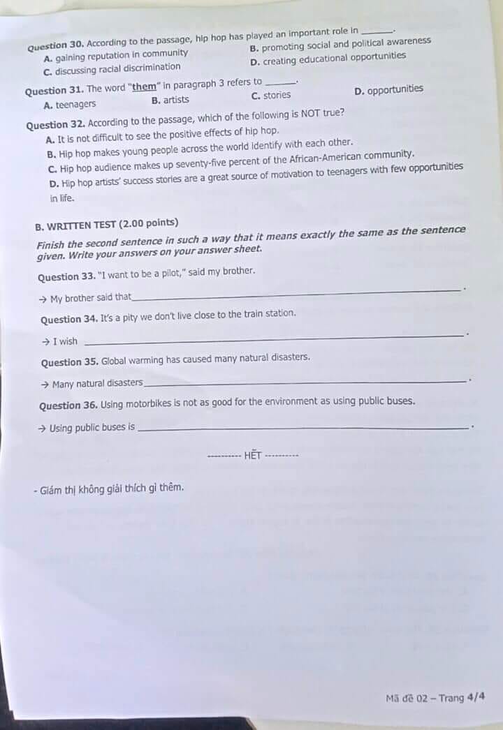 Đề thi tuyển sinh vào lớp 10 môn tiếng Anh Khánh Hòa