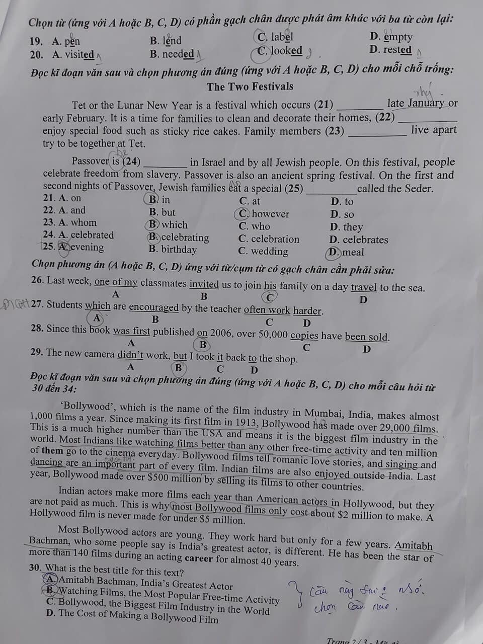 Đề thi tuyển sinh vào lớp 10 môn tiếng Anh Vĩnh Long