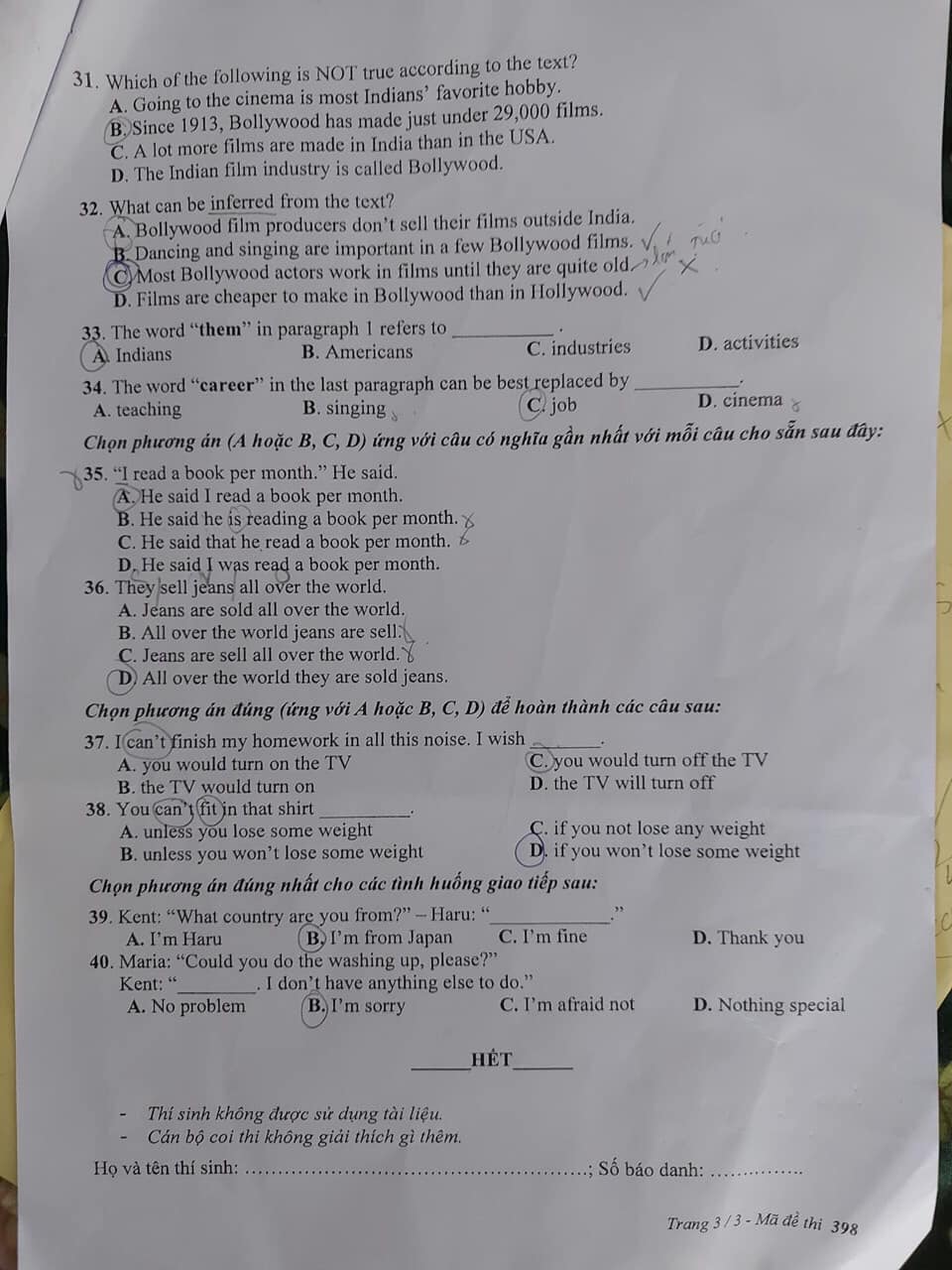 Đề thi tuyển sinh vào lớp 10 môn tiếng Anh Vĩnh Long
