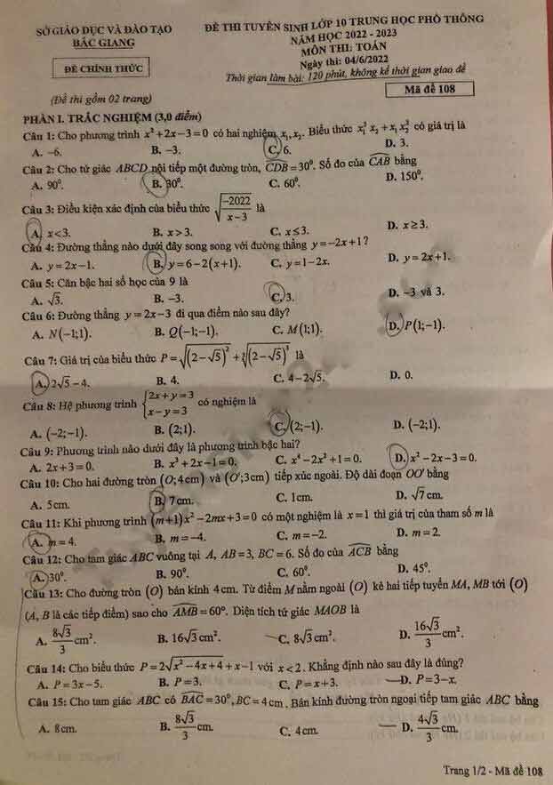 Đề vào lớp 10 môn Toán tỉnh Bắc Giang năm 2022