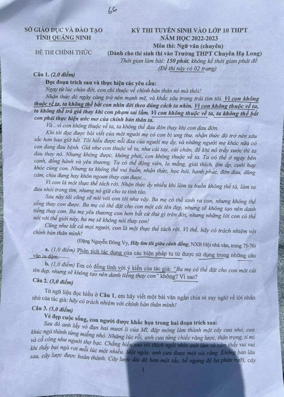 Đề thi vào lớp 10 chuyên văn