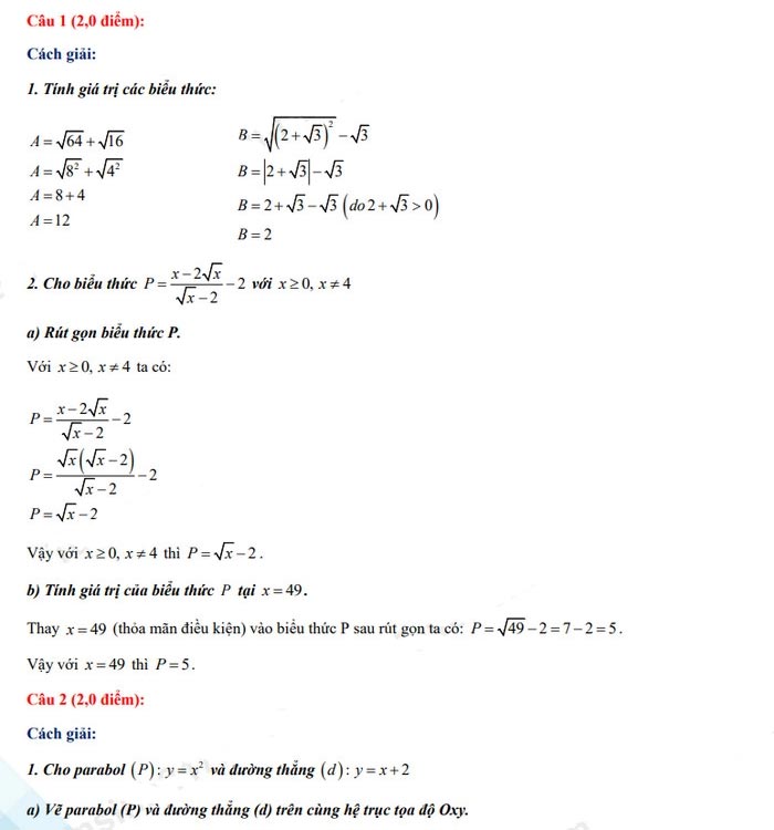 Đáp án đề thi vào 10 môn Toán Bình Phước 2022