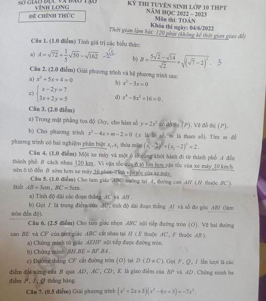 Đề thi vào 10 môn Toán Vĩnh Long 2022