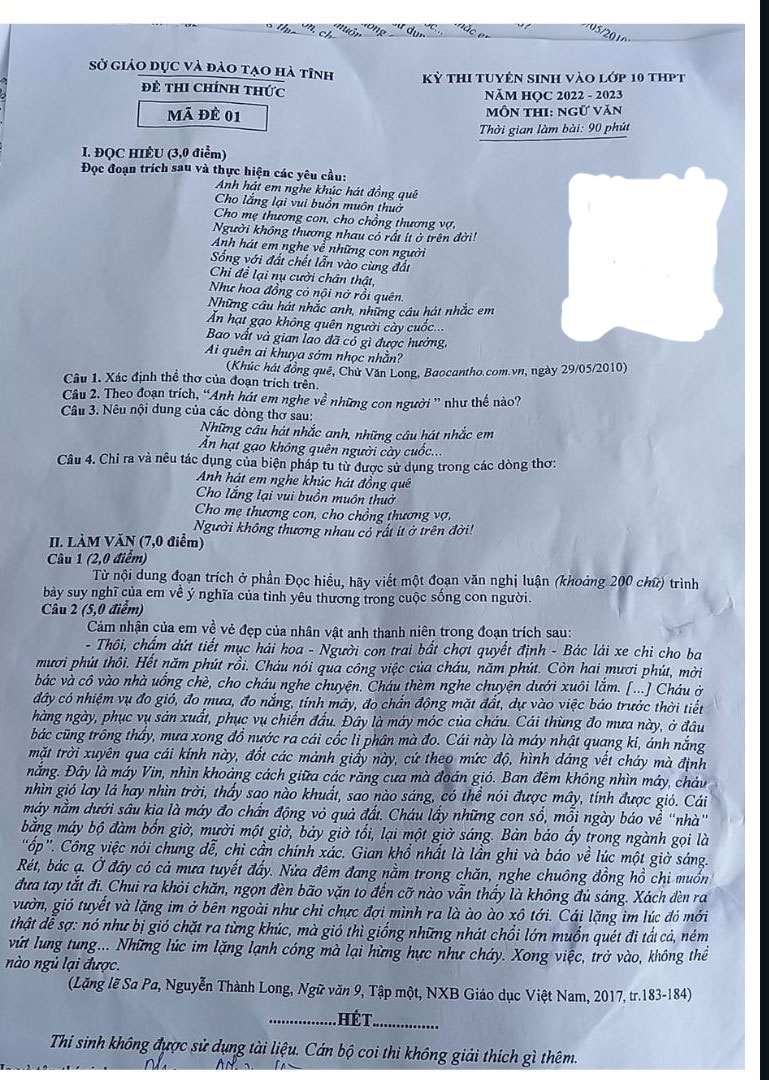  Đề vào lớp 10 môn Văn tỉnh Hà Tĩnh năm 2022