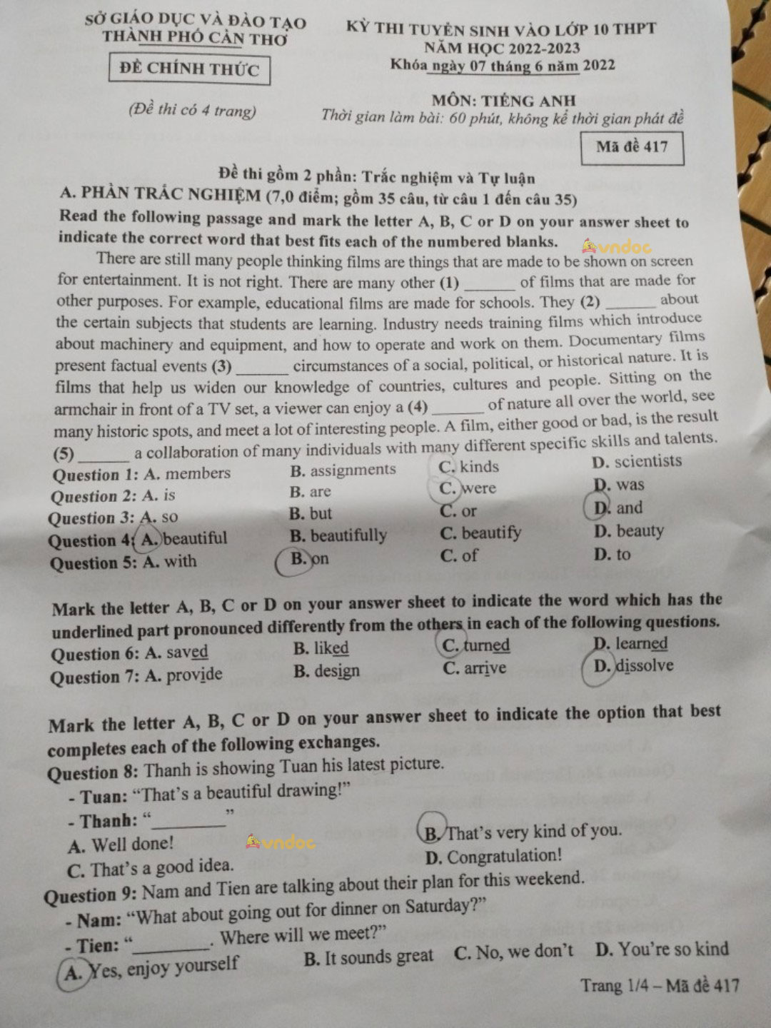 Đáp án đề thi tuyển sinh lớp 10 môn Anh tỉnh Cần Thơ năm 2022