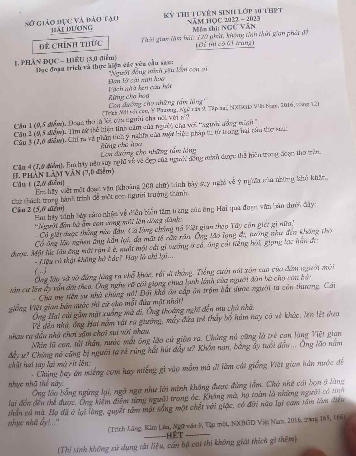 Đáp án đề thi tuyển sinh lớp 10 môn Ngữ văn tỉnh Hải Dương 2022