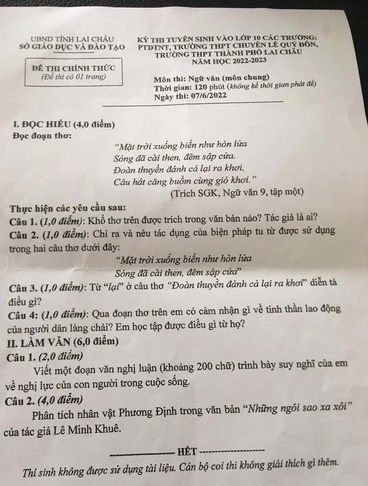 Đề thi tuyển sinh lớp 10 môn Ngữ văn tỉnh Lai Châu 2022