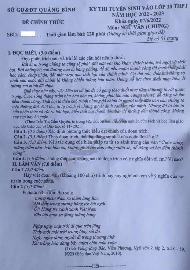 Đáp án đề thi tuyển sinh lớp 10 môn Ngữ văn tỉnh Quảng Bình 2022
