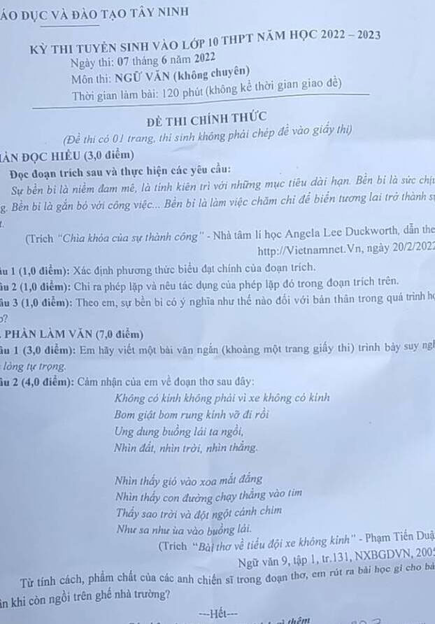 Đề thi tuyển sinh lớp 10 môn Ngữ văn tỉnh Tây Ninh 2022