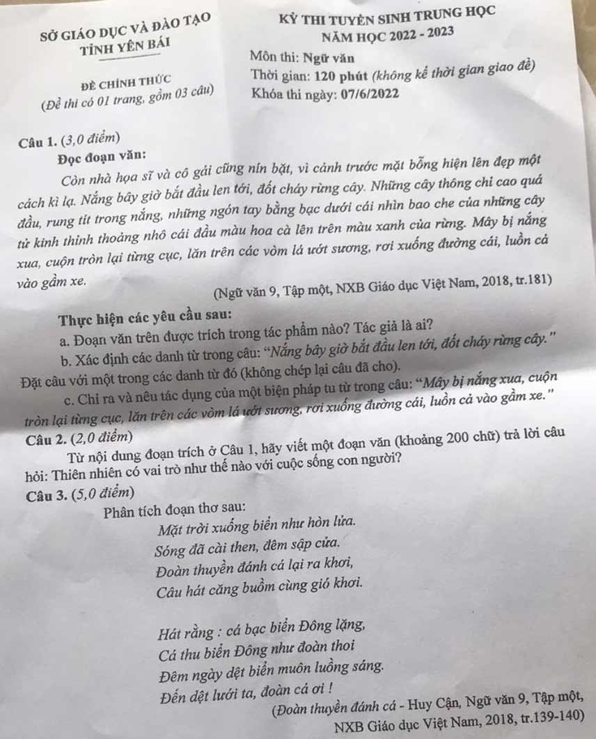 Đề thi tuyển sinh lớp 10 môn Ngữ văn tỉnh Yên Bái 2022