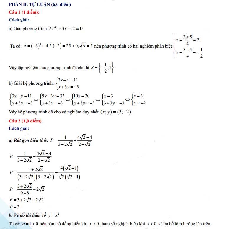 Đáp án đề thi tuyển sinh lớp 10 môn Toán tỉnh Cần Thơ 2022