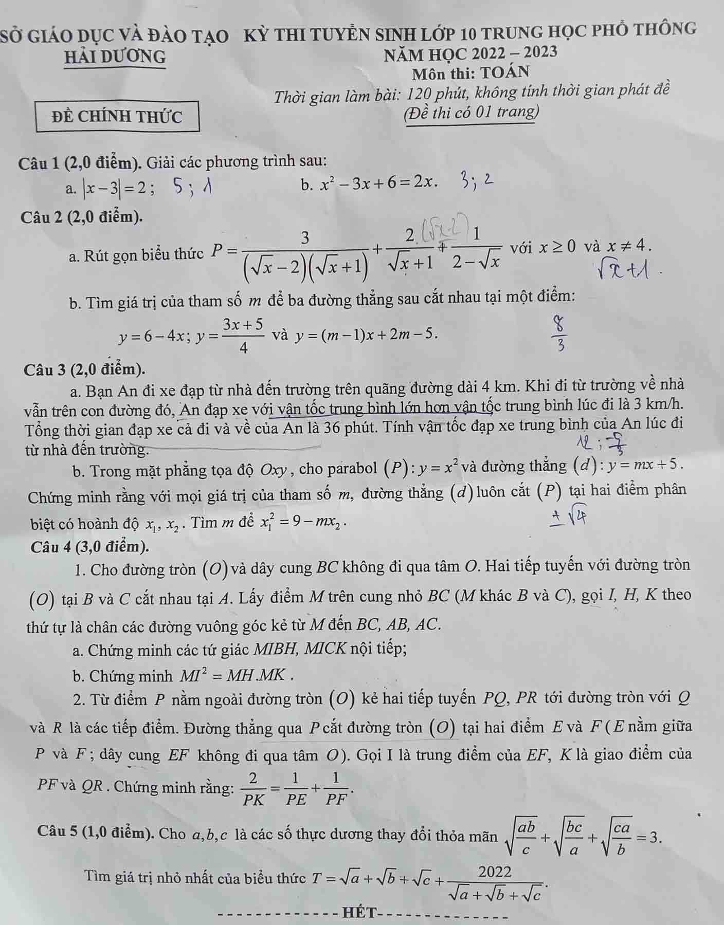 Đáp án đề thi tuyển sinh lớp 10 môn Toán tỉnh Hải Dương 2022