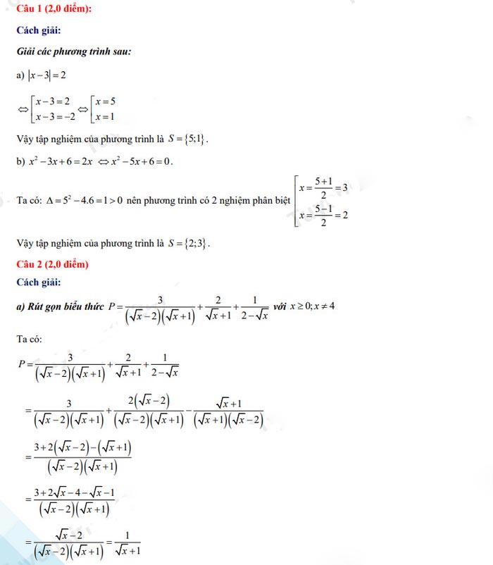 Đáp án đề thi tuyển sinh lớp 10 môn Toán tỉnh Hải Dương 2022