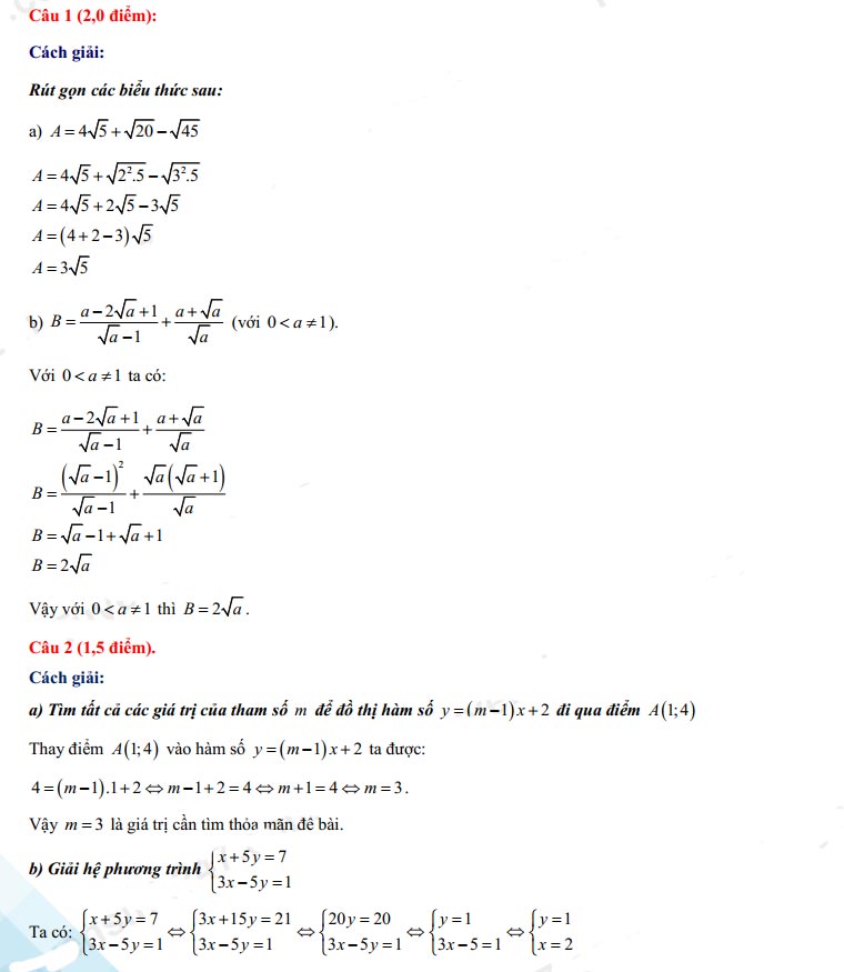 Đáp án đề thi tuyển sinh lớp 10 môn Toán tỉnh Quảng Bình 2022