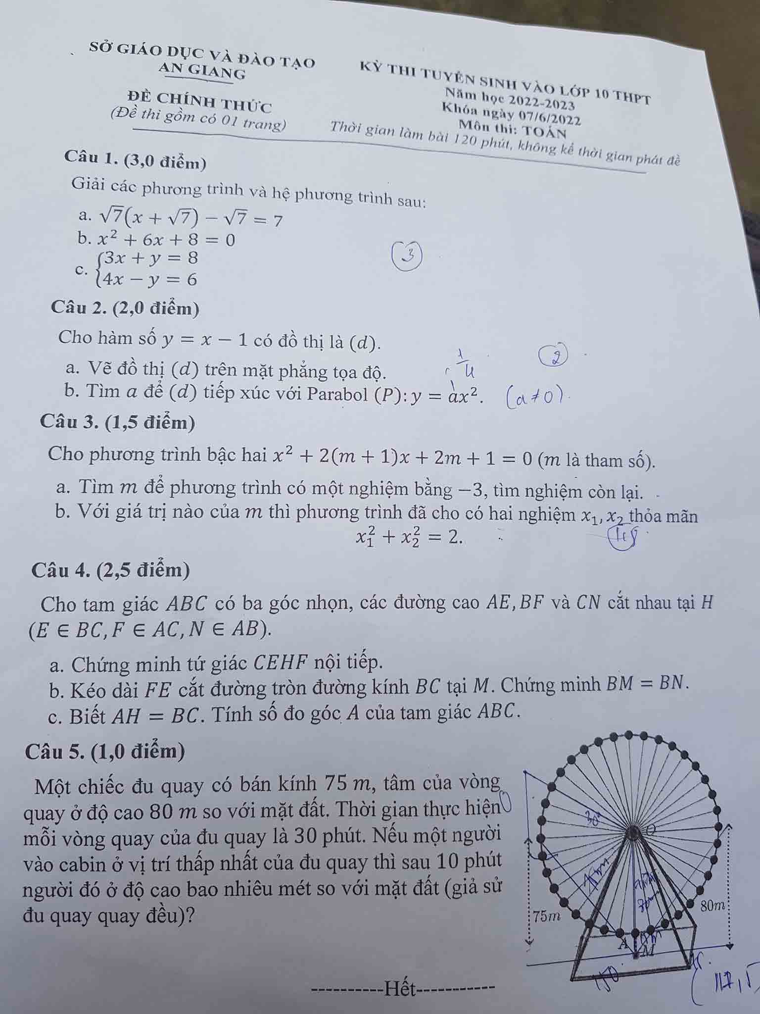 Đáp án đề thi tuyển sinh lớp 10 môn Toán tỉnh An Giang 2022