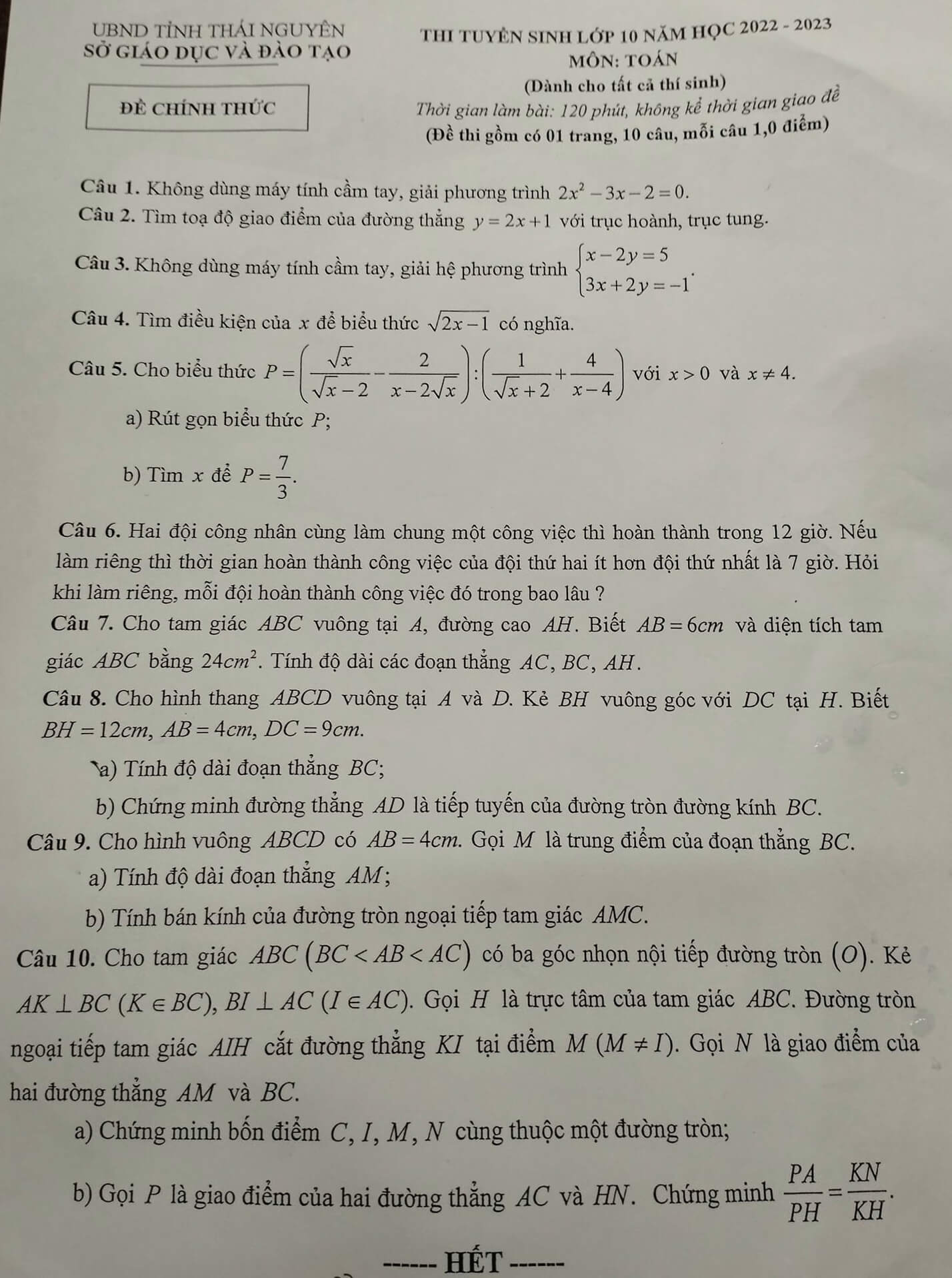 Đề Toán vào 10 Thái Nguyên 2022