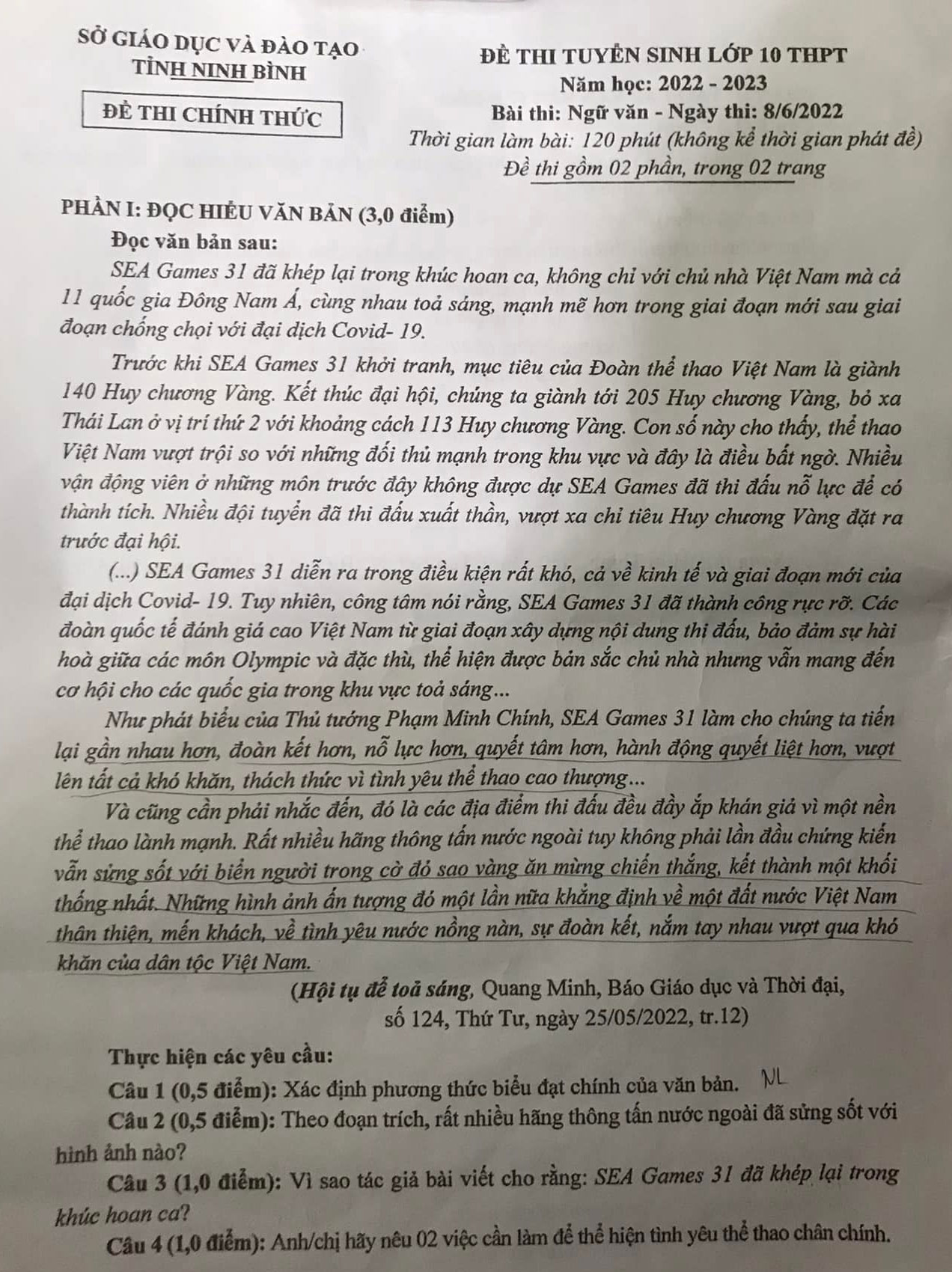 Đề Văn vào lớp 10 Ninh Bình