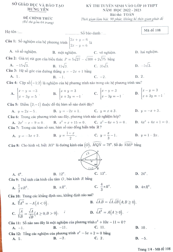Đề Toán vào lớp 10 Hưng Yên 2022
