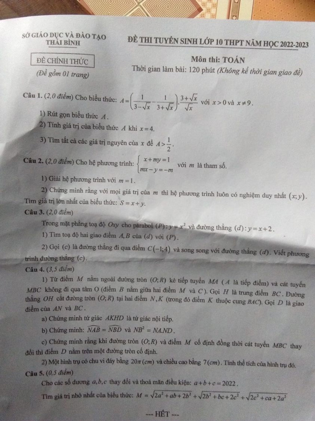 Đề Toán vào 10 Thái Bình 2022