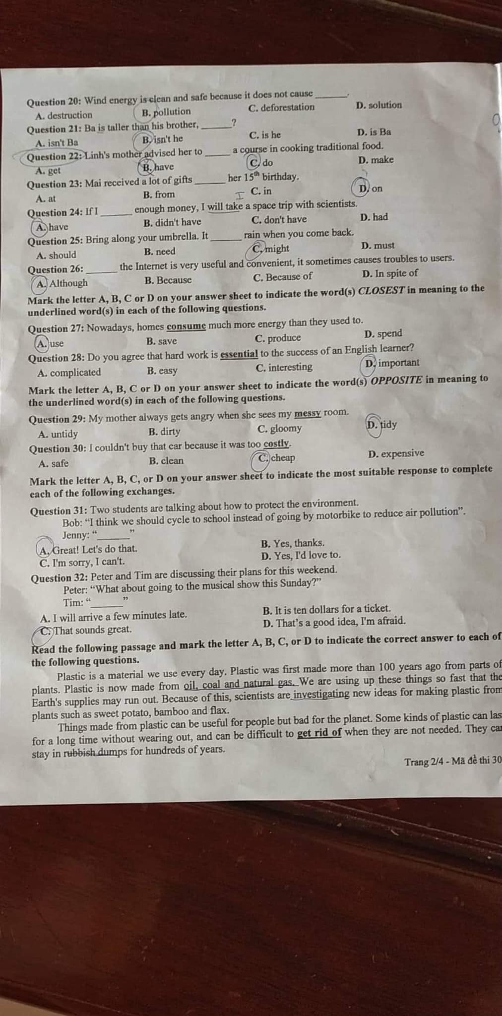 Đáp án đề thi vào lớp 10 môn Anh Thái Bình năm 2022
