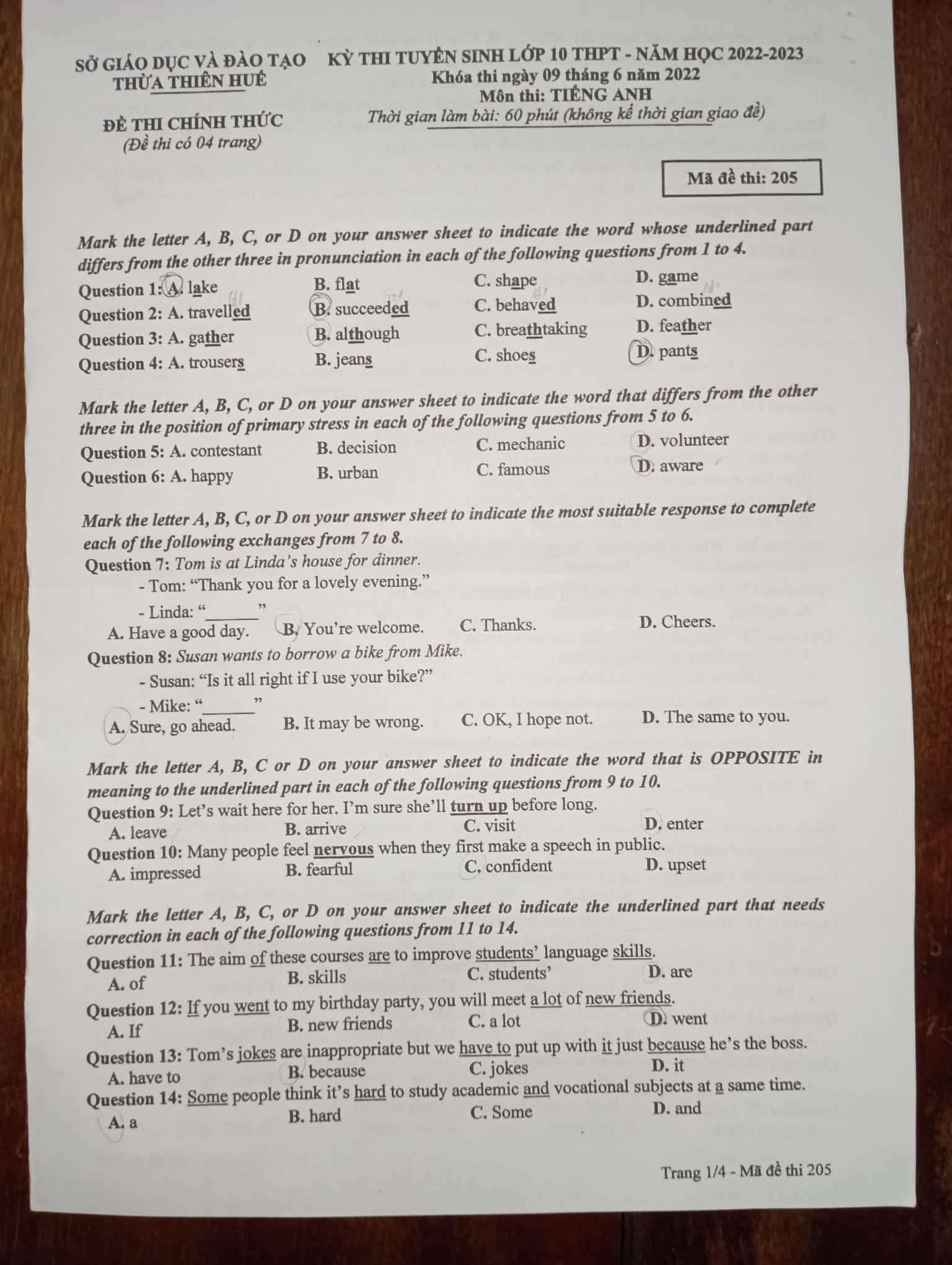 Đáp án Đề thi tuyển sinh lớp 10 môn Anh tỉnh Thừa Thiên Huế năm 2022