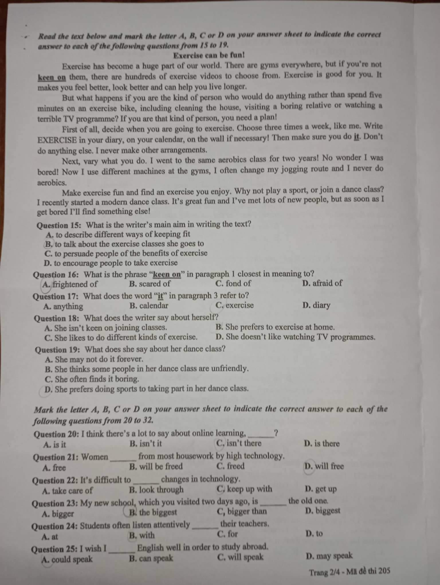 Đáp án Đề thi tuyển sinh lớp 10 môn Anh tỉnh Thừa Thiên Huế năm 2022