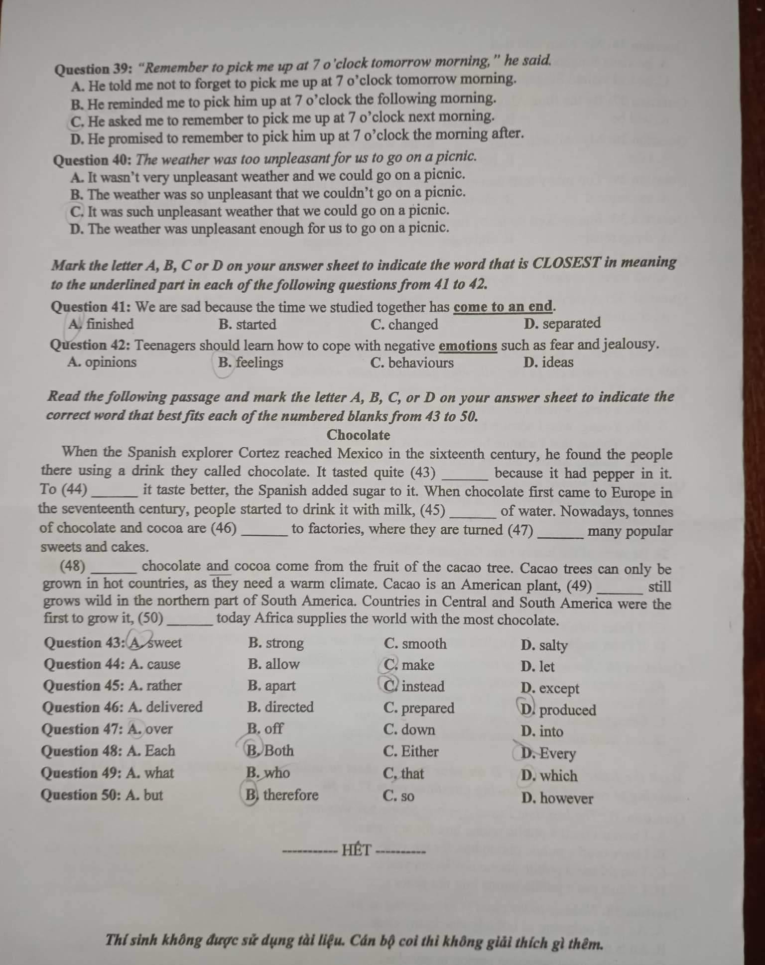 Đáp án Đề thi tuyển sinh lớp 10 môn Anh tỉnh Thừa Thiên Huế năm 2022