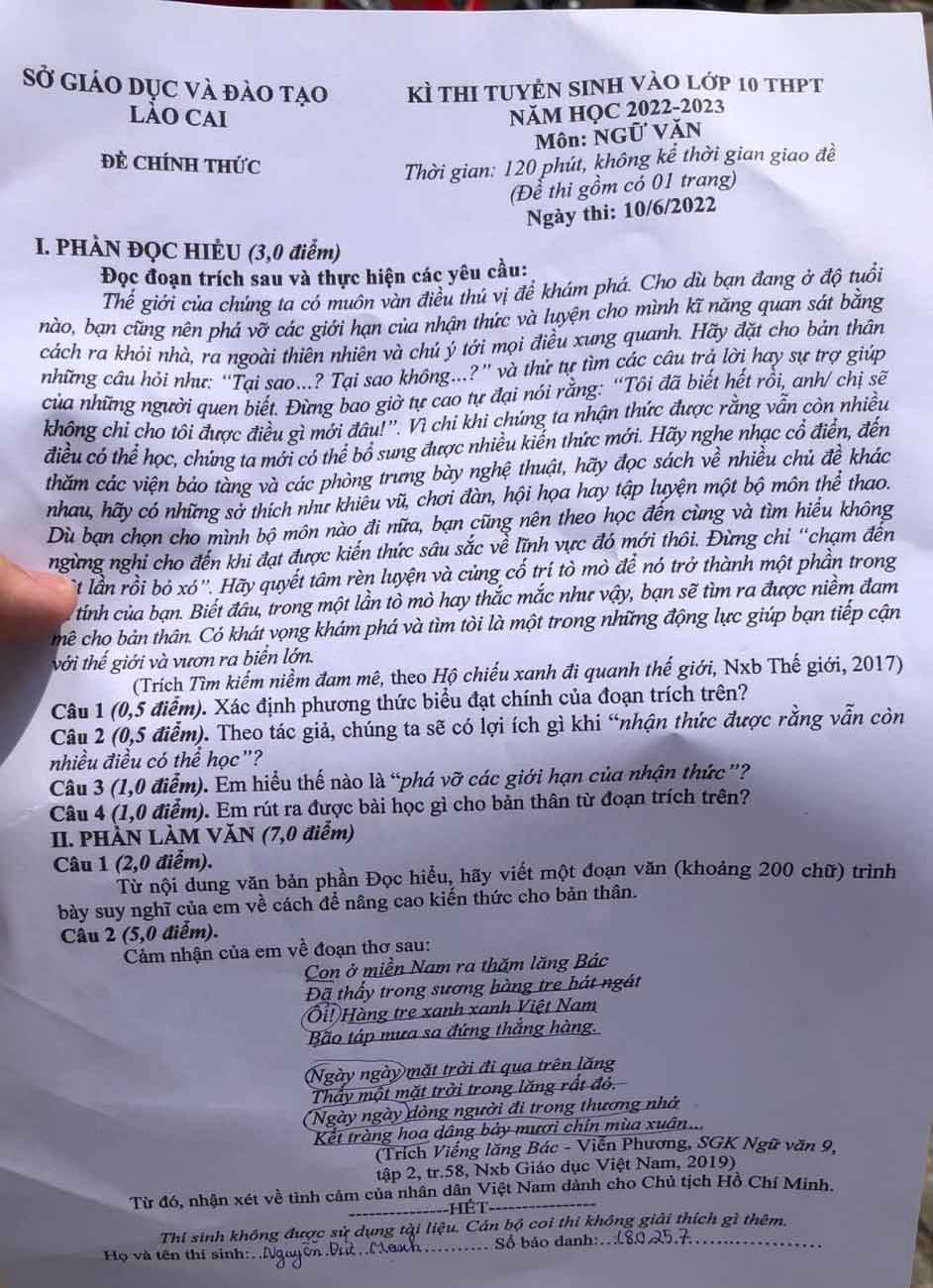 Đáp án đề thi tuyển sinh lớp 10 môn Ngữ văn tỉnh Lào Cai 2022