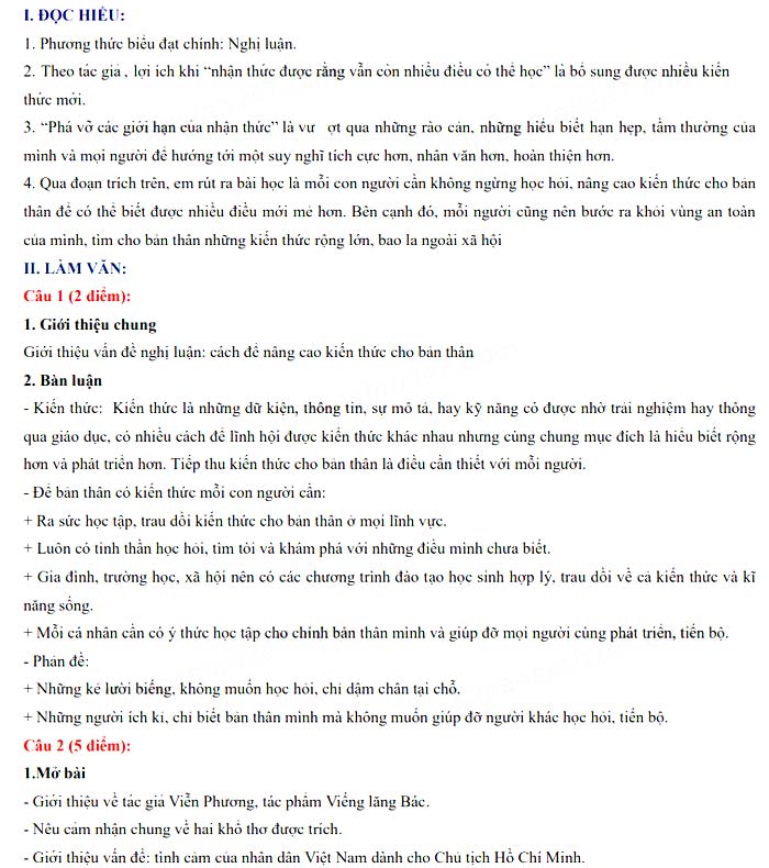 Đáp án đề thi tuyển sinh lớp 10 môn Ngữ văn tỉnh Lào Cai 2022