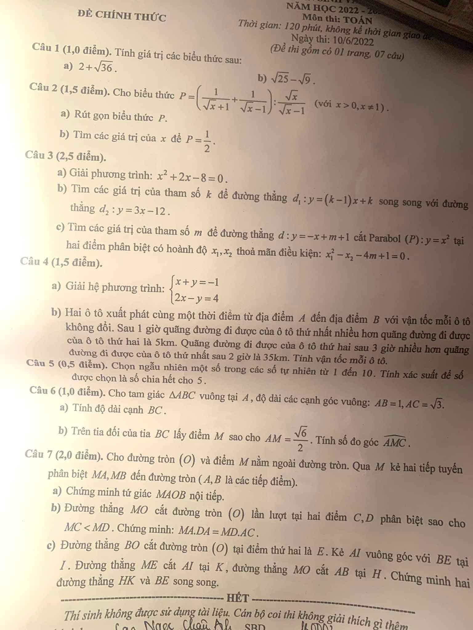Đáp án đề thi tuyển sinh lớp 10 môn Toán tỉnh Lào Cai 2022