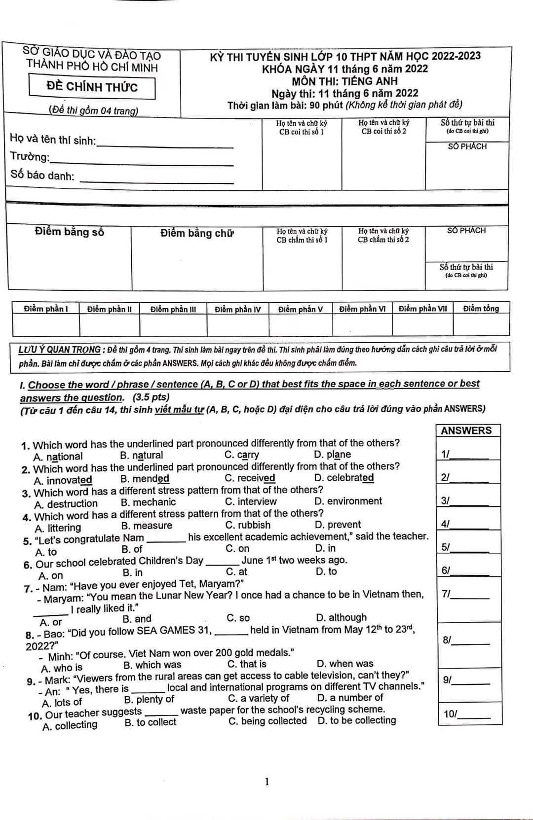 Đáp án Đề thi tuyển sinh lớp 10 môn Anh TPHCM năm 2022