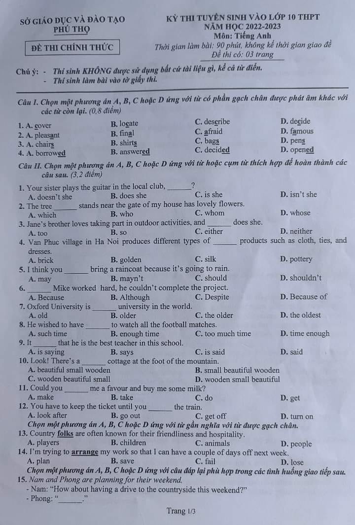 Đề thi tuyển sinh vào lớp 10 môn tiếng Anh Phú Thọ