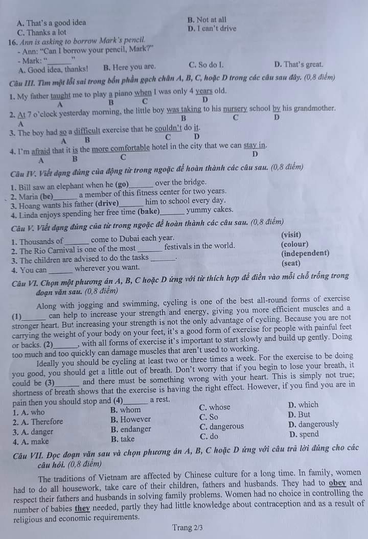 Đề thi tuyển sinh vào lớp 10 môn tiếng Anh Phú Thọ