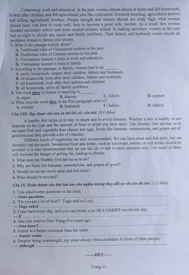 Đề thi tuyển sinh vào lớp 10 môn tiếng Anh Phú Thọ