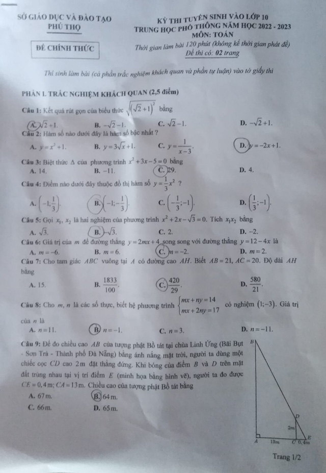 Đề thi Toán vào 10 Phú Thọ