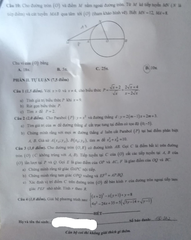 Đề thi Toán vào 10 Phú Thọ