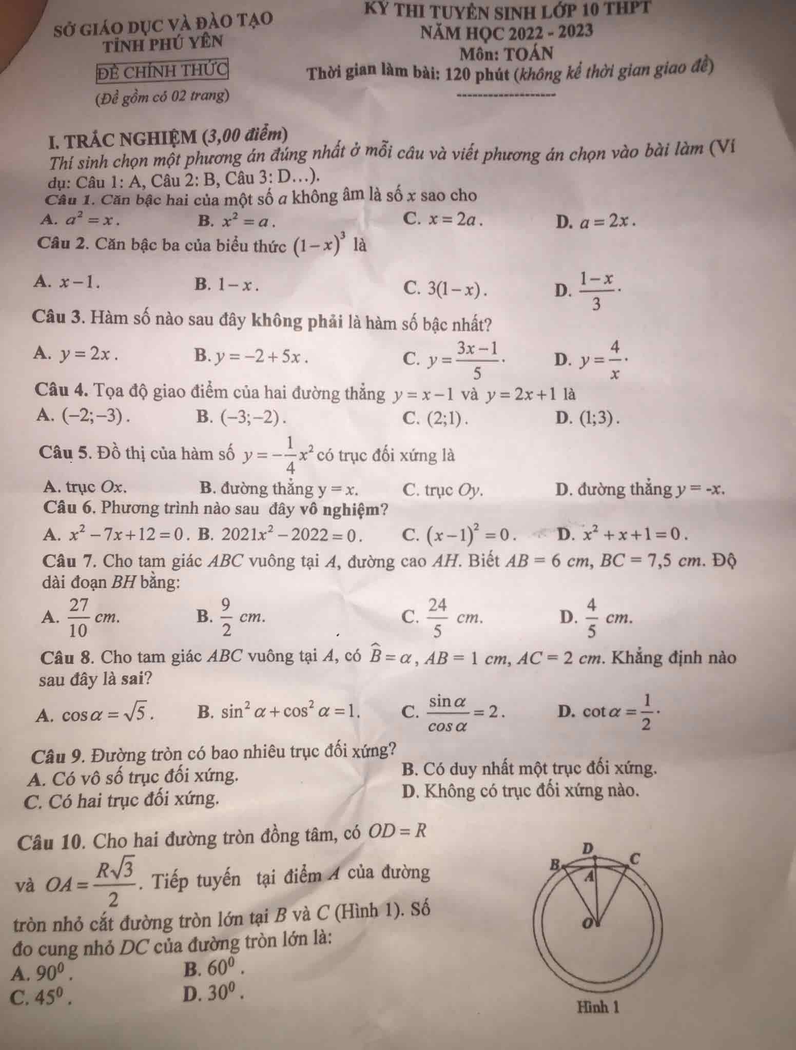 Đề thi tuyển sinh lớp 10 môn Toán tỉnh Phú Yên 2022