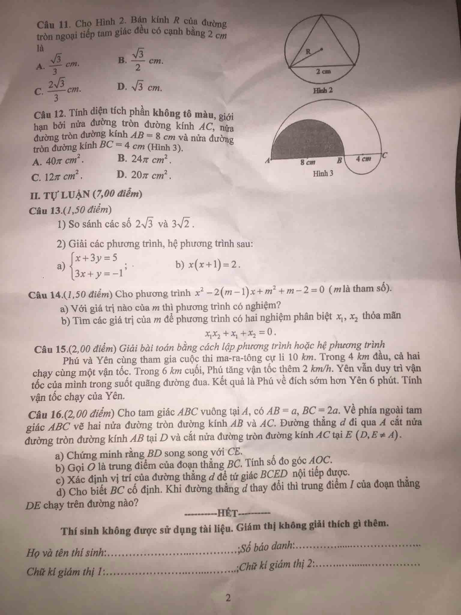 Đề thi tuyển sinh lớp 10 môn Toán tỉnh Phú Yên 2022