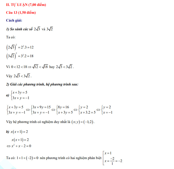 Đáp án đề thi tuyển sinh lớp 10 môn Toán tỉnh Phú Yên năm 2022