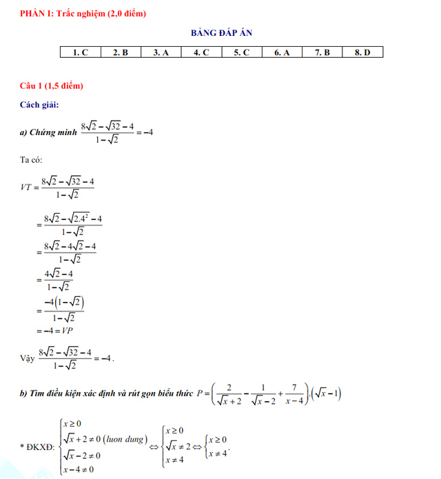 Đáp án Toán vào 10 Nam Định 2022