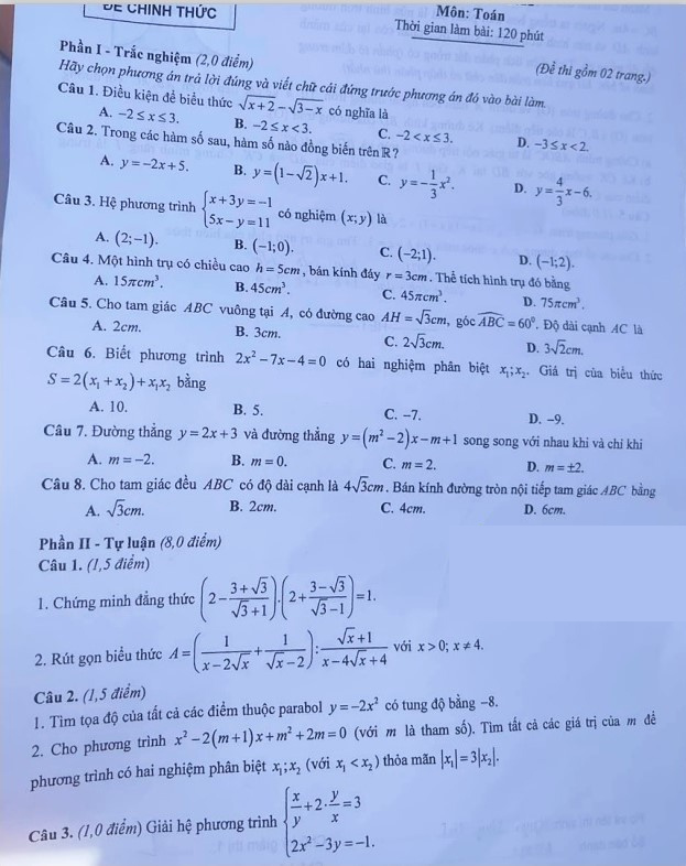 Đề Toán vào 10 Nam Định