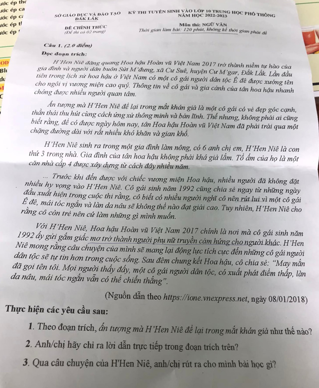 Đề thi vào 10 môn Văn Đắk Lắk 2022