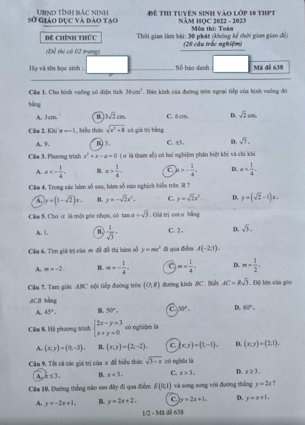 Đề thi tuyển sinh lớp 10 môn Toán Bắc Ninh 2022 mã 638 ảnh 1