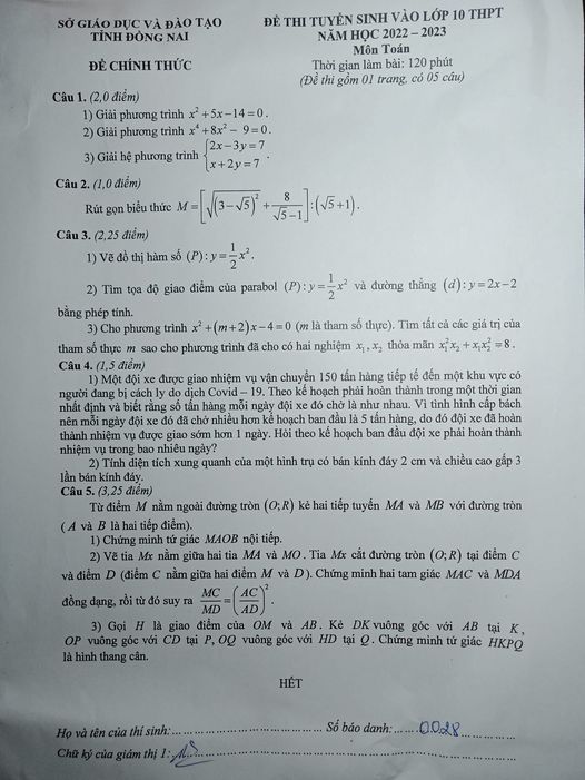 Đề thi vào 10 Toán Đồng Nai