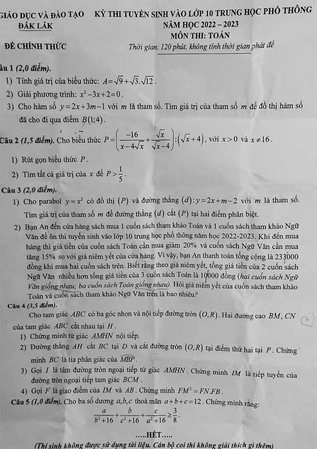 Đề thi vào lớp 10 môn Toán Đắk Lắk năm 2022