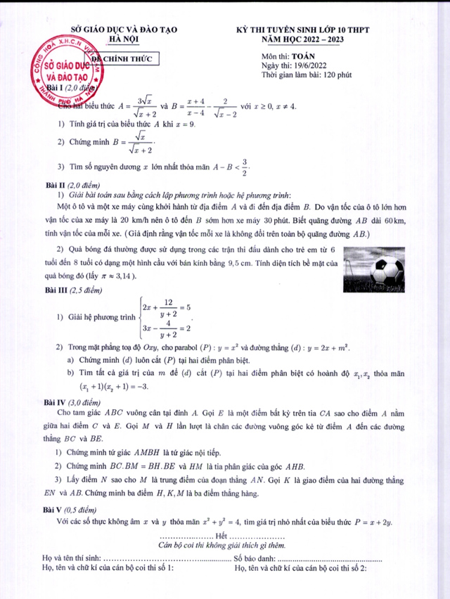 Đề thi Toán vào lớp 10 Hà Nội 2022