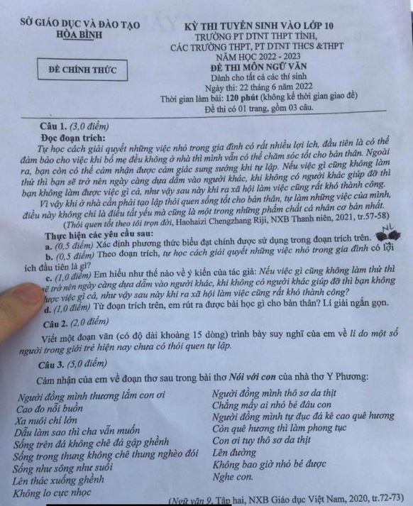 Đề thi tuyển sinh lớp 10 Văn tỉnh Hòa Bình năm 2022